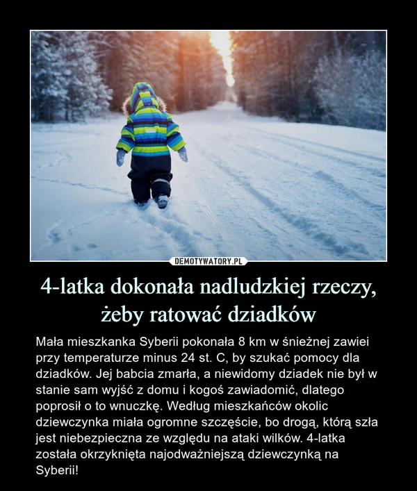 4-latka dokonała nadludzkiej rzeczy, żeby ratować dziadków – Mała mieszkanka Syberii pokonała 8 km w śnieżnej zawiei przy temperaturze minus 24 st. C, by szukać pomocy dla dziadków. Jej babcia zmarła, a niewidomy dziadek nie był w stanie sam wyjść z domu i kogoś zawiadomić, dlatego poprosił o to wnuczkę. Według mieszkańców okolic dziewczynka miała ogromne szczęście, bo drogą, którą szła jest niebezpieczna ze względu na ataki wilków. 4-latka została okrzyknięta najodważniejszą dziewczynką na Syberii! 