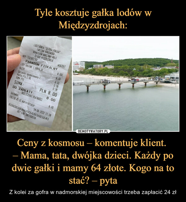 Ceny z kosmosu – komentuje klient. – Mama, tata, dwójka dzieci. Każdy po dwie gałki i mamy 64 złote. Kogo na to stać? – pyta – Z kolei za gofra w nadmorskiej miejscowości trzeba zapłacić 24 zł 