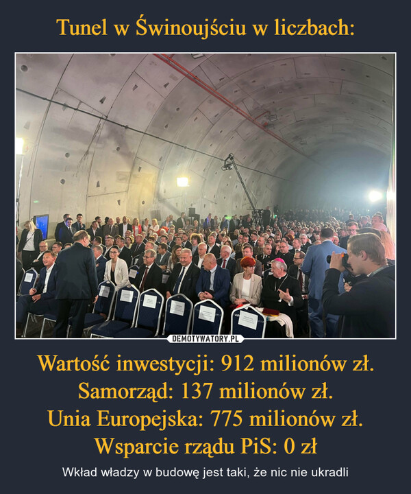 Wartość inwestycji: 912 milionów zł.Samorząd: 137 milionów zł.Unia Europejska: 775 milionów zł.Wsparcie rządu PiS: 0 zł – Wkład władzy w budowę jest taki, że nic nie ukradli 