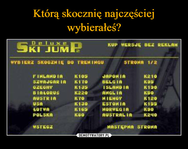  –  SKI JUMPWYBIERZ SKOCZNIE DO TRENINGUFINLANDIAK105SZWAJCARIA K170K135K220к 70K130K165K80CZECHYBIAŁORUSAUSTRIAUSALOTHAPOLSKAWSTECZKUP WERSJE BEZ REKLAMSTRONA 1/2JAPONIABELGIAISLANDIAANGLIANIENCYESTONIANORWEGIAAUSTRALIAK210K35K190K50K120K155K30K240HASTĘPNA STRONA