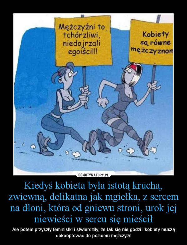 Kiedyś kobieta była istotą kruchą, zwiewną, delikatna jak mgiełka, z sercem na dłoni, która od gniewu stroni, urok jej niewieści w sercu się mieścił – Ale potem przyszły feministki i stwierdziły, że tak się nie godzi i kobiety muszą dokooptować do poziomu mężczyzn 