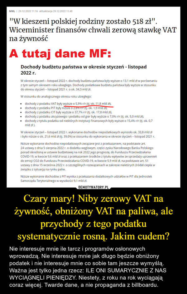 Czary mary! Niby zerowy VAT na żywność, obniżony VAT na paliwa, ale przychody z tego podatku systematycznie rosną. Jakim cudem? – Nie interesuje mnie ile tarcz i programów osłonowych wprowadzą. Nie interesuje mnie jak długo będzie obniżony podatek i nie interesuje mnie co sobie tam jeszcze wymyślą. Ważna jest tylko jedna rzecz: ILE ONI SUMARYCZNIE Z NAS WYCIĄGNĘLI PIENIĘDZY. Niestety, z roku na rok wyciągają coraz więcej. Twarde dane, a nie propaganda z billboardu. 