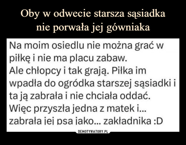  –  Na moim osiedlu nie można grać wpiłkę i nie ma placu zabaw.Ale chłopcy i tak grają. Piłka imwpadła do ogródka starszej sąsiadki ita ją zabrała i nie chciała oddać.Więc przyszła jedna z matek i...zabrała jei psa jako... zakładnika :D