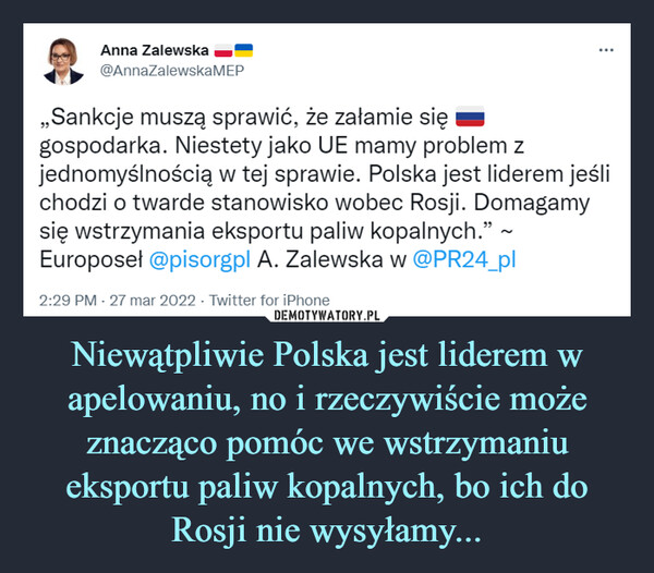 Niewątpliwie Polska jest liderem w apelowaniu, no i rzeczywiście może znacząco pomóc we wstrzymaniu eksportu paliw kopalnych, bo ich do Rosji nie wysyłamy... –  P| Anna Zalewska ня44*^ @AnnaZalewskaMEP„Sankcje muszą sprawić, że załamie się мgospodarka. Niestety jako UE mamy problem zjednomyślnością w tej sprawie. Polska jest liderem jeślichodzi o twarde stanowisko wobec Rosji. Domagamysię wstrzymania eksportu paliw kopalnych." ~Europosel @pisorgpl A. Zalewska w @PR24_pl