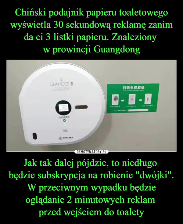 Jak tak dalej pójdzie, to niedługo będzie subskrypcja na robienie "dwójki". W przeciwnym wypadku będzie oglądanie 2 minutowych reklam przed wejściem do toalety –  CHANGES扫码免费取纸- B-0