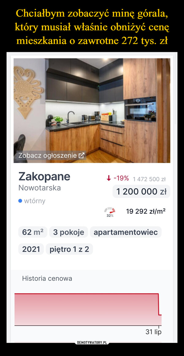  –  Zobacz ogłoszenieZakopaneNowotarskawtórny-19% 1472 500 zł1 200 000 zł19 292 zł/m²32%62 m² 3 pokoje apartamentowiec2021 piętro 1 z 2Historia cenowa31 lip