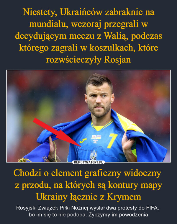 Chodzi o element graficzny widoczny z przodu, na których są kontury mapy Ukrainy łącznie z Krymem – Rosyjski Związek Piłki Nożnej wysłał dwa protesty do FIFA, bo im się to nie podoba. Życzymy im powodzenia 