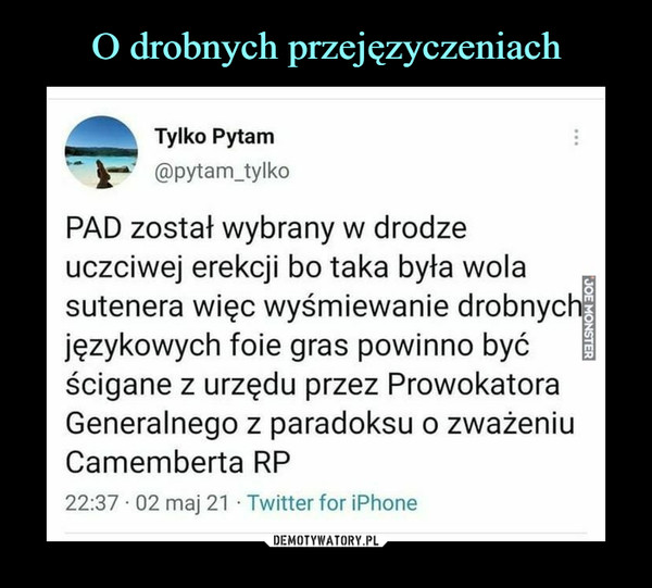  –  Tylko Pytam@pytam_tylkoPAD został wybrany w drodzeuczciwej erekcji bo taka była wolasutenera więc wyśmiewanie drobnychjęzykowych foie gras powinno być |ścigane z urzędu przez ProwokatoraGeneralnego z paradoksu o zważeniuCamemberta RP22:37 • 02 maj 21 • Twitter for iPhone