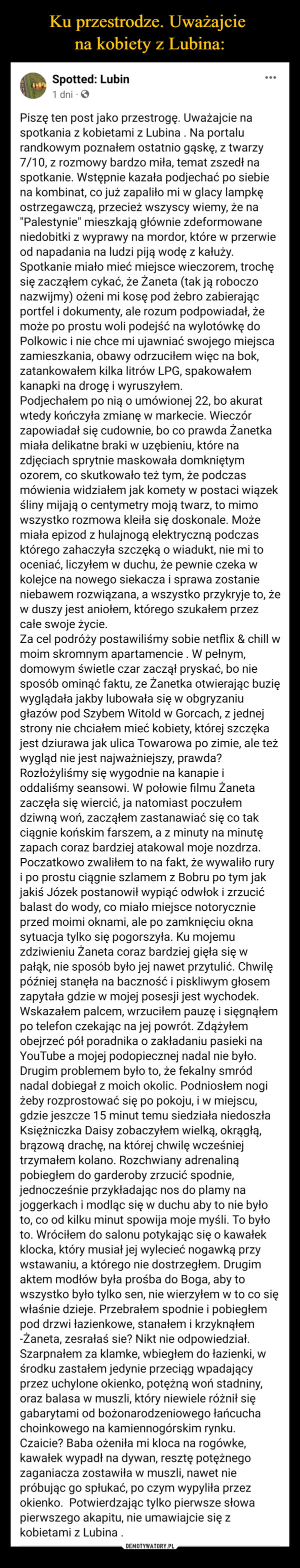  –  Piszę ten post jako przestrogę. Uważajcie na spotkania z kobietami z Lubina . Na portalu randkowym poznałem ostatnio gąskę, z twarzy 7/10, z rozmowy bardzo miła, temat zszedł na spotkanie. Wstępnie kazała podjechać po siebie na kombinat, co już zapaliło mi w glacy lampkę ostrzegawczą, przecież wszyscy wiemy, że na  "Palestynie" mieszkają głównie zdeformowane niedobitki z wyprawy na mordor, które w przerwie od napadania na ludzi piją wodę z kałuży. Spotkanie miało mieć miejsce wieczorem, trochę się zacząłem cykać, że Żaneta (tak ją roboczo nazwijmy) ożeni mi kosę pod żebro zabierając portfel i dokumenty, ale rozum podpowiadał, że może po prostu woli podejść na wylotówkę do Polkowic i nie chce mi ujawniać swojego miejsca zamieszkania, obawy odrzuciłem więc na bok, zatankowałem kilka litrów LPG, spakowałem kanapki na drogę i wyruszyłem. Podjechałem po nią o umówionej 22, bo akurat wtedy kończyła zmianę w markecie. Wieczór zapowiadał się cudownie, bo co prawda Żanetka miała delikatne braki w uzębieniu, które na zdjęciach sprytnie maskowała domkniętym ozorem, co skutkowało też tym, że podczas mówienia widziałem jak komety w postaci wiązek śliny mijają o centymetry moją twarz, to mimo wszystko rozmowa kleiła się doskonale. Może miała epizod z hulajnogą elektryczną podczas którego zahaczyła szczęką o wiadukt, nie mi to oceniać, liczyłem w duchu, że pewnie czeka w kolejce na nowego siekacza i sprawa zostanie niebawem rozwiązana, a wszystko przykryje to, że w duszy jest aniołem, którego szukałem przez całe swoje życie.Za cel podróży postawiliśmy sobie netflix & chill w moim skromnym apartamencie . W pełnym, domowym świetle czar zaczął pryskać, bo nie sposób ominąć faktu, ze Żanetka otwierając buzię wyglądała jakby lubowała się w obgryzaniu głazów pod Szybem Witold w Gorcach, z jednej strony nie chciałem mieć kobiety, której szczęka jest dziurawa jak ulica Towarowa po zimie, ale też wygląd nie jest najważniejszy, prawda? Rozłożyliśmy się wygodnie na kanapie i oddaliśmy seansowi. W połowie filmu Żaneta zaczęła się wiercić, ja natomiast poczułem dziwną woń, zacząłem zastanawiać się co tak ciągnie końskim farszem, a z minuty na minutę zapach coraz bardziej atakowal moje nozdrza. Poczatkowo zwaliłem to na fakt, że wywaliło rury  i po prostu ciągnie szlamem z Bobru po tym jak jakiś Józek postanowił wypiąć odwłok i zrzucić balast do wody, co miało miejsce notorycznie przed moimi oknami, ale po zamknięciu okna sytuacja tylko się pogorszyła. Ku mojemu zdziwieniu Żaneta coraz bardziej gięła się w pałąk, nie sposób było jej nawet przytulić. Chwilę później stanęła na baczność i piskliwym głosem zapytała gdzie w mojej posesji jest wychodek. Wskazałem palcem, wrzuciłem pauzę i sięgnąłem po telefon czekając na jej powrót. Zdążyłem obejrzeć pół poradnika o zakładaniu pasieki na YouTube a mojej podopiecznej nadal nie było. Drugim problemem było to, że fekalny smród nadal dobiegał z moich okolic. Podniosłem nogi żeby rozprostować się po pokoju, i w miejscu, gdzie jeszcze 15 minut temu siedziała niedoszła Księżniczka Daisy zobaczyłem wielką, okrągłą, brązową drachę, na której chwilę wcześniej trzymałem kolano. Rozchwiany adrenaliną pobiegłem do garderoby zrzucić spodnie, jednocześnie przykładając nos do plamy na joggerkach i modląc się w duchu aby to nie było to, co od kilku minut spowija moje myśli. To było to. Wróciłem do salonu potykając się o kawałek klocka, który musiał jej wylecieć nogawką przy wstawaniu, a którego nie dostrzegłem. Drugim aktem modłów była prośba do Boga, aby to wszystko było tylko sen, nie wierzyłem w to co się właśnie dzieje. Przebrałem spodnie i pobiegłem pod drzwi łazienkowe, stanałem i krzyknąłem -Żaneta, zesrałaś sie? Nikt nie odpowiedział. Szarpnałem za klamke, wbiegłem do łazienki, w środku zastałem jedynie przeciąg wpadający przez uchylone okienko, potężną woń stadniny, oraz balasa w muszli, który niewiele różnił się gabarytami od bożonarodzeniowego łańcucha choinkowego na kamiennogórskim rynku. Czaicie? Baba ożeniła mi kloca na rogówke, kawałek wypadł na dywan, resztę potężnego zaganiacza zostawiła w muszli, nawet nie próbując go spłukać, po czym wypyliła przez okienko.  Potwierdzając tylko pierwsze słowa pierwszego akapitu, nie umawiajcie się z kobietami z Lubina .