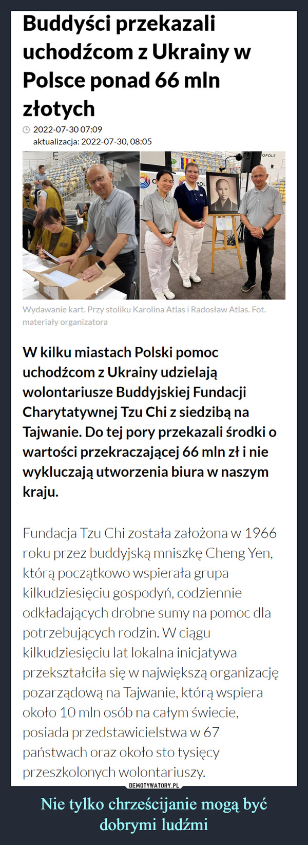 Nie tylko chrześcijanie mogą być dobrymi ludźmi –  Buddyści przekazali uchodźcom z Ukrainy w Polsce ponad 66 mln złotych