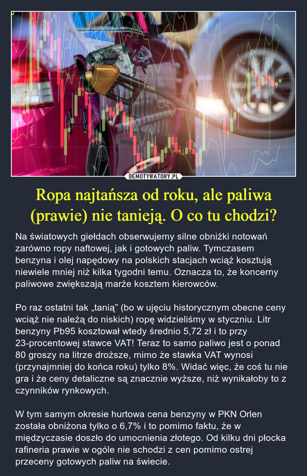 Ropa najtańsza od roku, ale paliwa (prawie) nie tanieją. O co tu chodzi? – Na światowych giełdach obserwujemy silne obniżki notowań zarówno ropy naftowej, jak i gotowych paliw. Tymczasem benzyna i olej napędowy na polskich stacjach wciąż kosztują niewiele mniej niż kilka tygodni temu. Oznacza to, że koncerny paliwowe zwiększają marże kosztem kierowców.Po raz ostatni tak „tanią” (bo w ujęciu historycznym obecne ceny wciąż nie należą do niskich) ropę widzieliśmy w styczniu. Litr benzyny Pb95 kosztował wtedy średnio 5,72 zł i to przy 23-procentowej stawce VAT! Teraz to samo paliwo jest o ponad 80 groszy na litrze droższe, mimo że stawka VAT wynosi (przynajmniej do końca roku) tylko 8%. Widać więc, że coś tu nie gra i że ceny detaliczne są znacznie wyższe, niż wynikałoby to z czynników rynkowych. W tym samym okresie hurtowa cena benzyny w PKN Orlen została obniżona tylko o 6,7% i to pomimo faktu, że w międzyczasie doszło do umocnienia złotego. Od kilku dni płocka rafineria prawie w ogóle nie schodzi z cen pomimo ostrej przeceny gotowych paliw na świecie. 