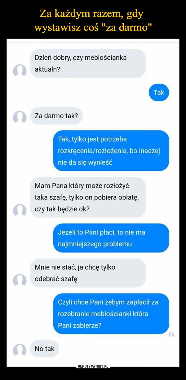  –  Dzień dobry, czy meblościankaaktualn?Za darmo tak?Mam Pana który może rozłożyćtaka szafę, tylko on pobiera opłatę,czy tak będzie ok?Tak, tylko jest potrzebarozkręcenia/rozłożenia, bo inaczejnie da się wynieśćNo takJeżeli to Pani płaci, to nie manajmniejszego problemuMnie nie stać, ja chcę tylkoodebrać szafęTakCzyli chce Pani żebym zapłacił zarozebranie meblościanki któraPani zabierze?