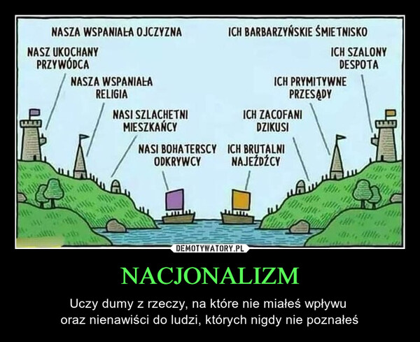 NACJONALIZM – Uczy dumy z rzeczy, na które nie miałeś wpływu oraz nienawiści do ludzi, których nigdy nie poznałeś NASZA WSPANIAŁA OJCZYZNAICH BARBARZYŃSKIE ŚMIETNISKONASZ UKOCHANYPRZYWÓDCANASZA WSPANIAŁARELIGIAICH SZALONYDESPOTAICH PRYMITYWNEPRZESĄDYNASI SZLACHETNIMIESZKAŃCYICH ZACOFANIDZIKUSIathNASI BOHATERSCY ICH BRUTALNIODKRYWCYNAJEŹDŹCY