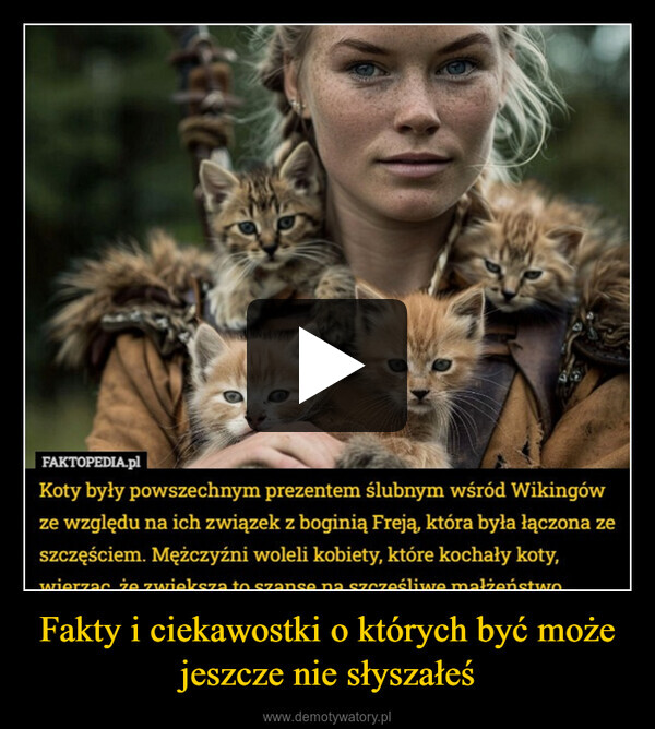 Fakty i ciekawostki o których być może jeszcze nie słyszałeś –  FAKTOPEDIA.plKoty były powszechnym prezentem ślubnym wśród Wikingówze względu na ich związek z boginią Freją, która była łączona zeszczęściem. Mężczyźni woleli kobiety, które kochały koty,wierzać że zwieksza to szanse na szczęśliwe małżeństwo