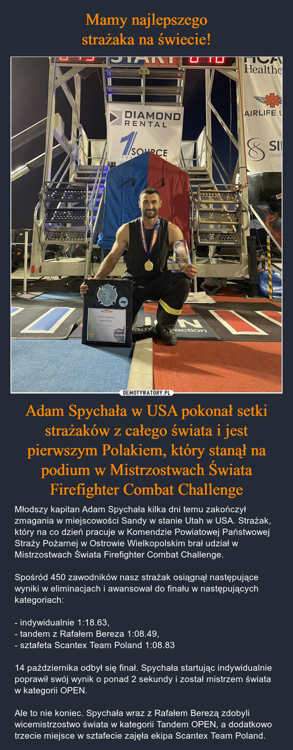 Adam Spychała w USA pokonał setki strażaków z całego świata i jest pierwszym Polakiem, który stanął na podium w Mistrzostwach Świata Firefighter Combat Challenge – Młodszy kapitan Adam Spychała kilka dni temu zakończył zmagania w miejscowości Sandy w stanie Utah w USA. Strażak, który na co dzień pracuje w Komendzie Powiatowej Państwowej Straży Pożarnej w Ostrowie Wielkopolskim brał udział w Mistrzostwach Świata Firefighter Combat Challenge.Spośród 450 zawodników nasz strażak osiągnął następujące wyniki w eliminacjach i awansował do finału w następujących kategoriach:- indywidualnie 1:18.63,- tandem z Rafałem Bereza 1:08.49,- sztafeta Scantex Team Poland 1:08.83  14 października odbył się finał. Spychała startując indywidualnie poprawił swój wynik o ponad 2 sekundy i został mistrzem świata w kategorii OPEN. Ale to nie koniec. Spychała wraz z Rafałem Berezą zdobyli wicemistrzostwo świata w kategorii Tandem OPEN, a dodatkowo trzecie miejsce w sztafecie zajęła ekipa Scantex Team Poland. 