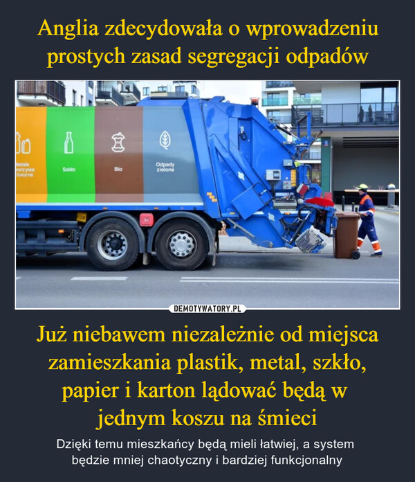 Już niebawem niezależnie od miejsca zamieszkania plastik, metal, szkło, papier i karton lądować będą w jednym koszu na śmieci – Dzięki temu mieszkańcy będą mieli łatwiej, a system będzie mniej chaotyczny i bardziej funkcjonalny 30MetaleworzywatuczneSzkłoBioOdpadyzielone