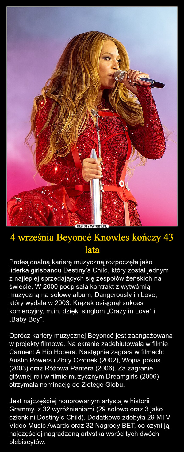 4 września Beyoncé Knowles kończy 43 lata – Profesjonalną karierę muzyczną rozpoczęła jako liderka girlsbandu Destiny’s Child, który został jednym z najlepiej sprzedających się zespołów żeńskich na świecie. W 2000 podpisała kontrakt z wytwórnią muzyczną na solowy album, Dangerously in Love, który wydała w 2003. Krążek osiągnął sukces komercyjny, m.in. dzięki singlom „Crazy in Love” i „Baby Boy”.Oprócz kariery muzycznej Beyoncé jest zaangażowana w projekty filmowe. Na ekranie zadebiutowała w filmie Carmen: A Hip Hopera. Następnie zagrała w filmach: Austin Powers i Złoty Członek (2002), Wojna pokus (2003) oraz Różowa Pantera (2006). Za zagranie głównej roli w filmie muzycznym Dreamgirls (2006) otrzymała nominację do Złotego Globu.Jest najczęściej honorowanym artystą w historii Grammy, z 32 wyróżnieniami (29 solowo oraz 3 jako członkini Destiny’s Child). Dodatkowo zdobyła 29 MTV Video Music Awards oraz 32 Nagrody BET, co czyni ją najczęściej nagradzaną artystka wsród tych dwóch plebiscytów. 