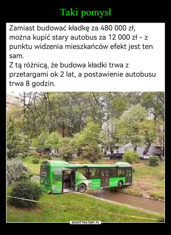  –  Zamiast budować kładkę za 480 000 zł,można kupić stary autobus za 12 000 zł - zpunktu widzenia mieszkańców efekt jest tensam.Z tą różnicą, że budowa kładki trwa zprzetargami ok 2 lat, a postawienie autobusutrwa 8 godzin.God