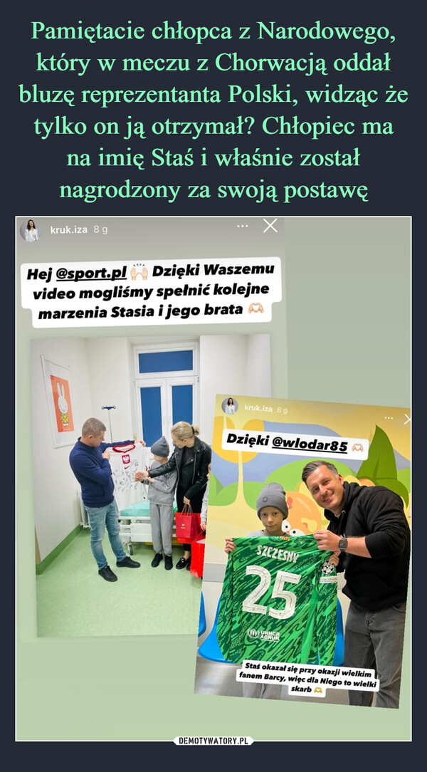  –  kruk.iza 8 gHej @sport.plDzięki Waszemuvideo mogliśmy spełnić kolejnemarzenia Stasia i jego brata Mkruk.iza 8 gDzięki @wlodar85wwSZCZESNY25UNHCRACNURSUNDATIONStaś okazał się przy okazji wielkimfanem Barcy, więc dla Niego to wielkiskarb M