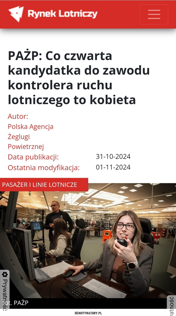 Bardzo postępowe środowisko –  Rynek Lotniczy=|||PAŻP: Co czwartakandydatka do zawodukontrolera ruchulotniczego to kobietaAutor:Polska AgencjaŻeglugiPowietrznejData publikacji:Ostatnia modyfikacja:PASAŻER I LINIE LOTNICZE31-10-202401-11-2024* PrywatnośćPAŹPvatność