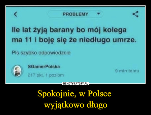 Spokojnie, w Polsce wyjątkowo długo –  <PROBLEMYlle lat żyją barany bo mój kolegama 11 i boję się że niedługo umrze.Pls szybko odpowiedzcieSGamerPolska217 pkt. 1 poziom9 min temu