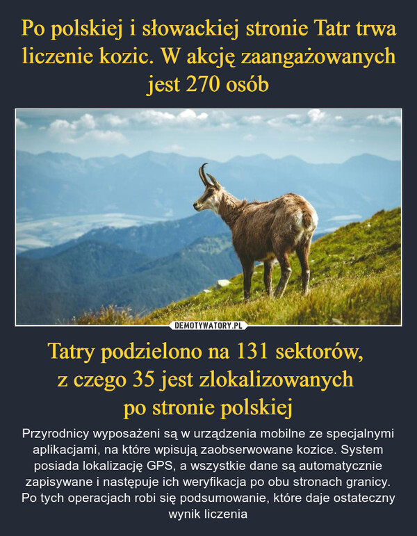 Tatry podzielono na 131 sektorów, z czego 35 jest zlokalizowanych po stronie polskiej – Przyrodnicy wyposażeni są w urządzenia mobilne ze specjalnymi aplikacjami, na które wpisują zaobserwowane kozice. System posiada lokalizację GPS, a wszystkie dane są automatycznie zapisywane i następuje ich weryfikacja po obu stronach granicy. Po tych operacjach robi się podsumowanie, które daje ostateczny wynik liczenia 