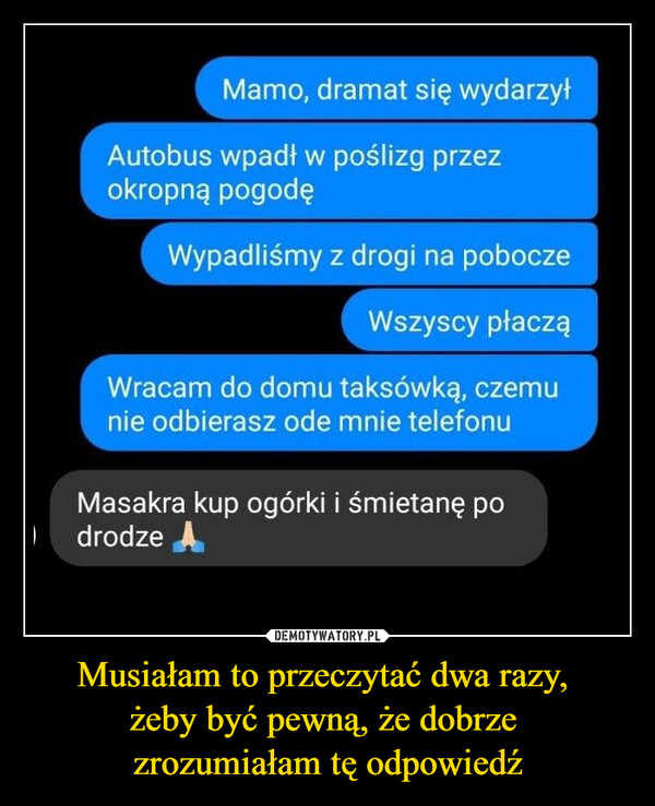 Musiałam to przeczytać dwa razy, żeby być pewną, że dobrze zrozumiałam tę odpowiedź –  Mamo, dramat się wydarzyłAutobus wpadł w poślizg przezokropną pogodęWypadliśmy z drogi na poboczeWszyscy płacząWracam do domu taksówką, czemunie odbierasz ode mnie telefonuMasakra kup ogórki i śmietanę podrodze