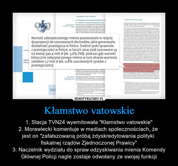 Kłamstwo vatowskie – 1. Stacja TVN24 wyemitowała "Kłamstwo vatowskie"2. Morawiecki komentuje w mediach społecznościach, że jest on "zafałszowaną próbą zdyskredytowania polityki fiskalnej rządów Zjednoczonej Prawicy"3. Naczelnik wydziału do spraw odzyskiwania mienia Komendy Głównej Policji nagle zostaje odwołany ze swojej funkcji 