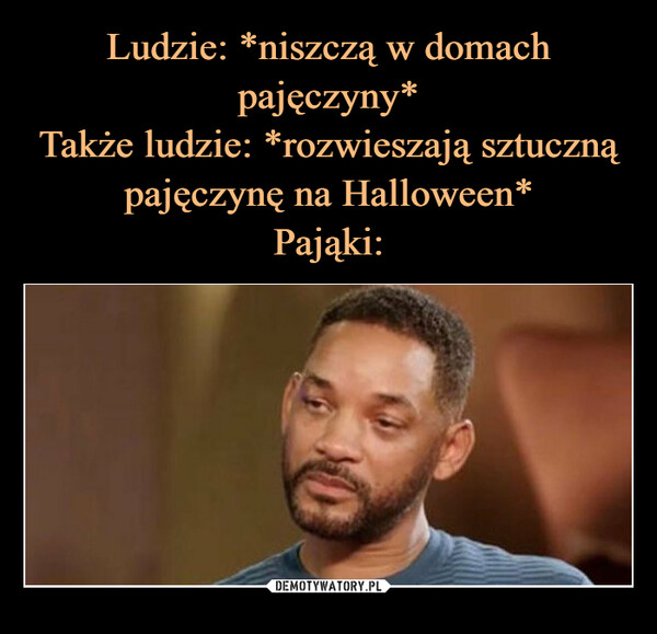  –  Ludzie: *niszczą w domachpajęczyny*Także ludzie: *rozwieszająsztuczną pajęczynę naHalloween*Pająki: