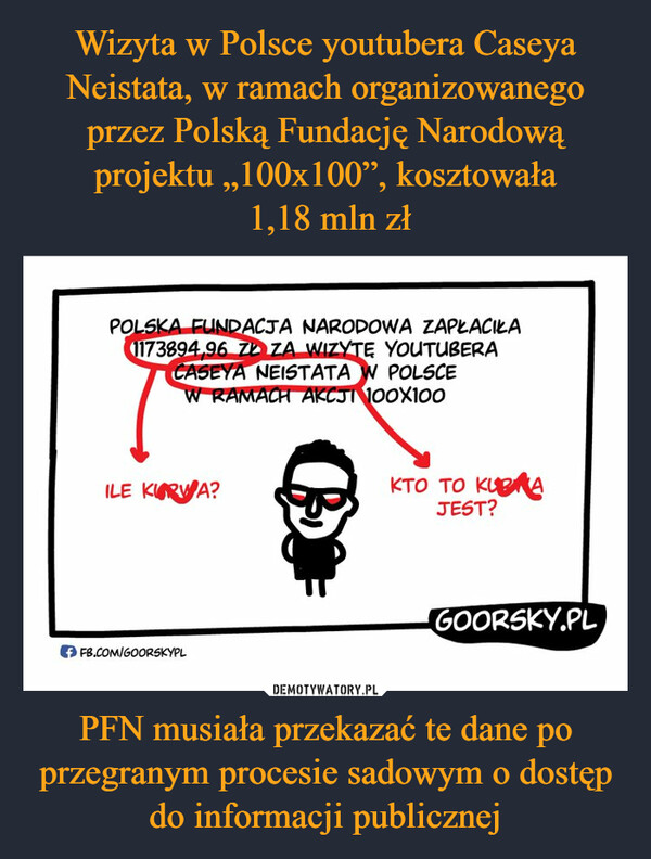 PFN musiała przekazać te dane po przegranym procesie sadowym o dostęp do informacji publicznej –  POLSKA FUNDACJA NARODOWA ZAPŁACIŁA1173894,96 Z ZA WIZYTE YOUTUBERACASEYA NEISTATA W POLSCEW RAMACH AKCJI 100X100ILE KURWA?FB.COM/GOORSKYPLKTO TO KUAJEST?GOORSKY.PL