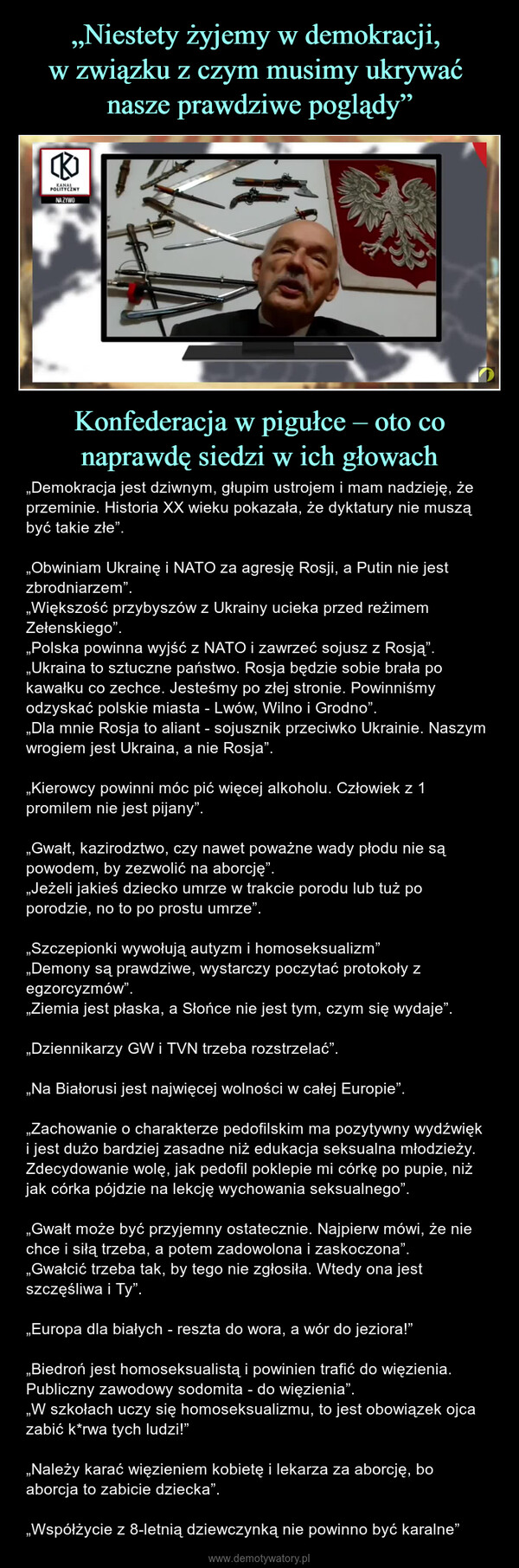 Konfederacja w pigułce – oto co naprawdę siedzi w ich głowach – „Demokracja jest dziwnym, głupim ustrojem i mam nadzieję, że przeminie. Historia XX wieku pokazała, że dyktatury nie muszą być takie złe”.„Obwiniam Ukrainę i NATO za agresję Rosji, a Putin nie jest zbrodniarzem”.„Większość przybyszów z Ukrainy ucieka przed reżimem Zełenskiego”.„Polska powinna wyjść z NATO i zawrzeć sojusz z Rosją”.„Ukraina to sztuczne państwo. Rosja będzie sobie brała po kawałku co zechce. Jesteśmy po złej stronie. Powinniśmy odzyskać polskie miasta - Lwów, Wilno i Grodno”.„Dla mnie Rosja to aliant - sojusznik przeciwko Ukrainie. Naszym wrogiem jest Ukraina, a nie Rosja”.„Kierowcy powinni móc pić więcej alkoholu. Człowiek z 1 promilem nie jest pijany”.„Gwałt, kazirodztwo, czy nawet poważne wady płodu nie są powodem, by zezwolić na aborcję”.„Jeżeli jakieś dziecko umrze w trakcie porodu lub tuż po porodzie, no to po prostu umrze”.„Szczepionki wywołują autyzm i homoseksualizm”„Demony są prawdziwe, wystarczy poczytać protokoły z egzorcyzmów”.„Ziemia jest płaska, a Słońce nie jest tym, czym się wydaje”.„Dziennikarzy GW i TVN trzeba rozstrzelać”.„Na Białorusi jest najwięcej wolności w całej Europie”.„Zachowanie o charakterze pedofilskim ma pozytywny wydźwięk i jest dużo bardziej zasadne niż edukacja seksualna młodzieży. Zdecydowanie wolę, jak pedofil poklepie mi córkę po pupie, niż jak córka pójdzie na lekcję wychowania seksualnego”.„Gwałt może być przyjemny ostatecznie. Najpierw mówi, że nie chce i siłą trzeba, a potem zadowolona i zaskoczona”.„Gwałcić trzeba tak, by tego nie zgłosiła. Wtedy ona jest szczęśliwa i Ty”.„Europa dla białych - reszta do wora, a wór do jeziora!”„Biedroń jest homoseksualistą i powinien trafić do więzienia. Publiczny zawodowy sodomita - do więzienia”.„W szkołach uczy się homoseksualizmu, to jest obowiązek ojca zabić k*rwa tych ludzi!”„Należy karać więzieniem kobietę i lekarza za aborcję, bo aborcja to zabicie dziecka”.„Współżycie z 8-letnią dziewczynką nie powinno być karalne” ⓇKANAŁPOLITYCZNYNA ŻYWO