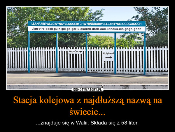 Stacja kolejowa z najdłuższą nazwą na świecie... – ...znajduje się w Walii. Składa się z 58 liter. LLANFAIRPWLLGWYNGYLLGOGERYCHWYRNDROBWLLLLANTYSILIOGOGOGOCHLlan-vire-pooll-guin-gill-go-ger-u-queern-drob-ooll-llandus-ilio-gogo-gochWay Out →Holyhead