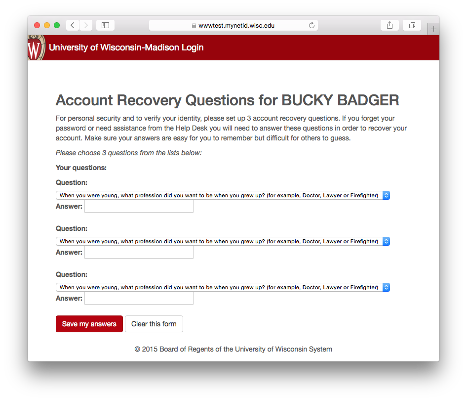 Account activation recovery question selection