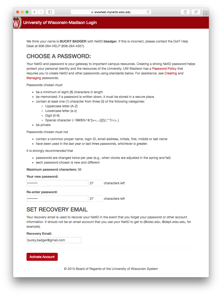 Account activation selecting password