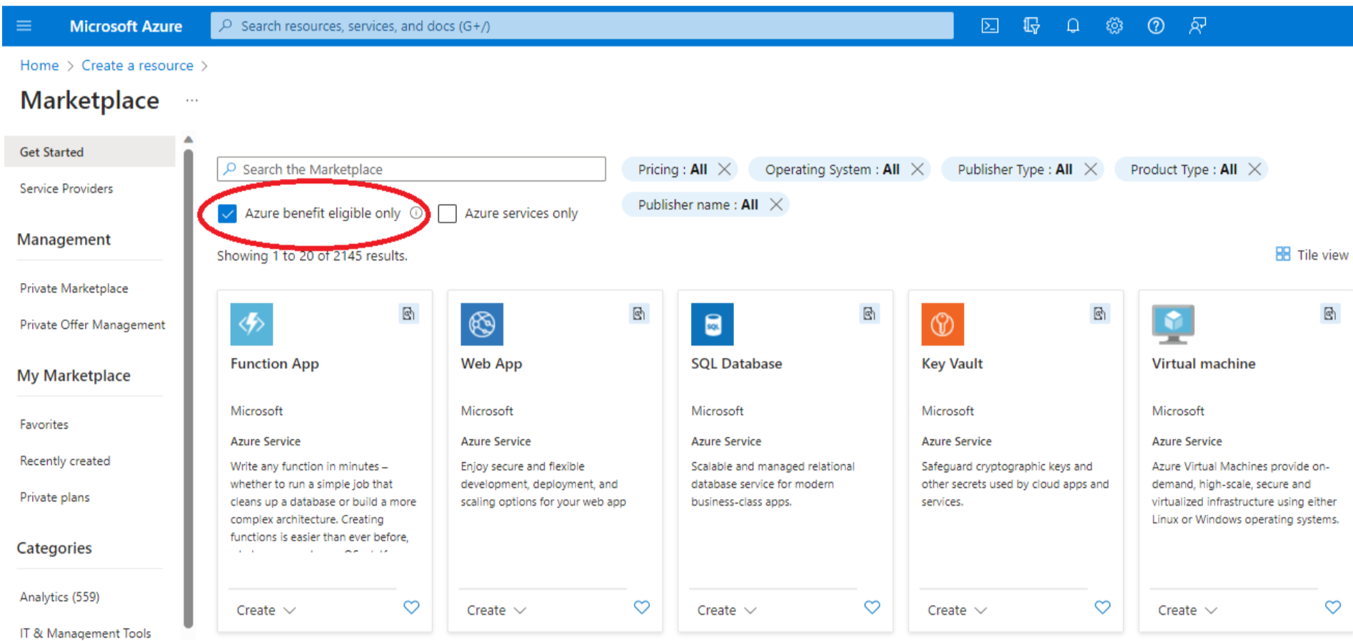 Screenshot of the Marketplace - Get started page. The checkbox for Azure benefit eligible only Azure Marketplace Azure benefit is highlighted and selected.