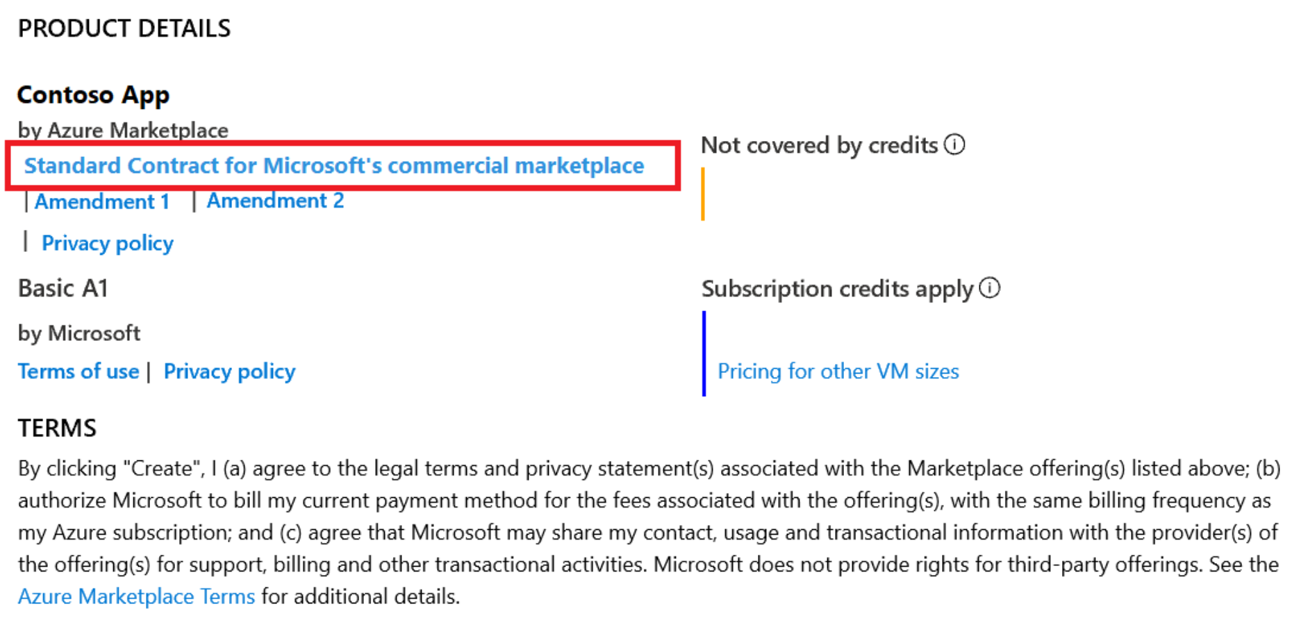 Screenshot of the Product details page for a fictitious app in the Azure Marketplace within the Azure portal called Contoso app. The page includes a link to the Standard Contract for Microsoft's commercial marketplace.