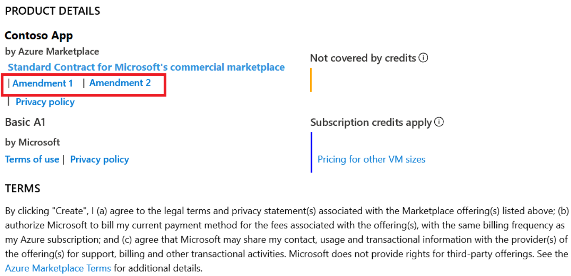 Screenshot of the Product details page for a fictitious app in the Azure Marketplace called Contoso app. The page includes two links to contract amendments, labeled Amendment 1 and Amendment 2.