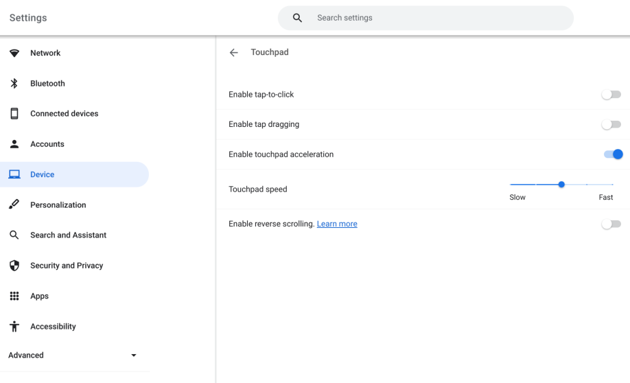 Tetapan Google dibuka semasa pengguna menyesuaikan cara pad sentuh mereka berfungsi.