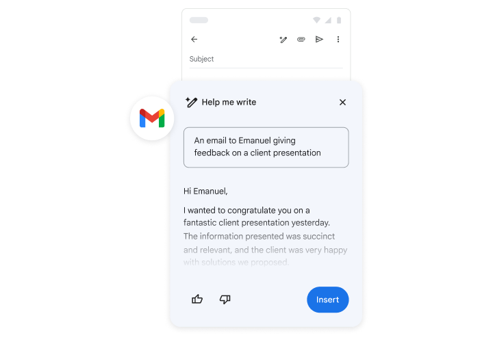 Gemini auttaa käyttäjää kirjoittamaan sähköpostin, jossa annetaan palautetta asiakasesityksestä.