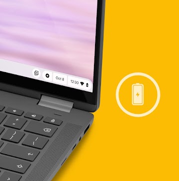 Gros plan sur le clavier du Chromebook avec, à côté, une icône de batterie pleine