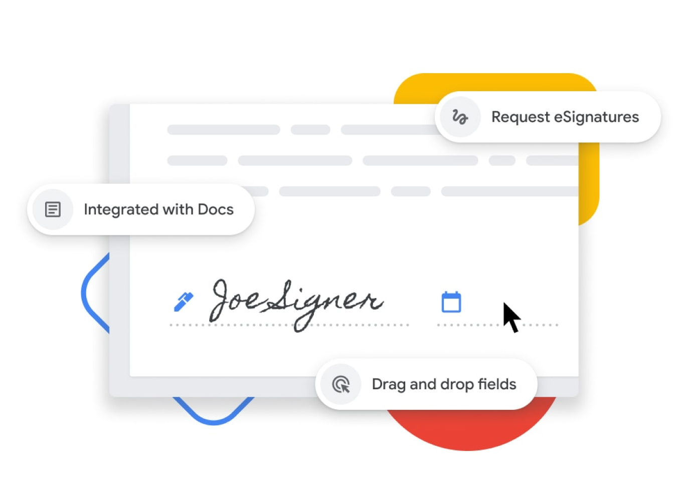 Representación gráfica de la función de firma electrónica, que permite a los usuarios arrastrar y soltar los campos de nombre y de fecha, y que está integrada con Documentos de Google. 