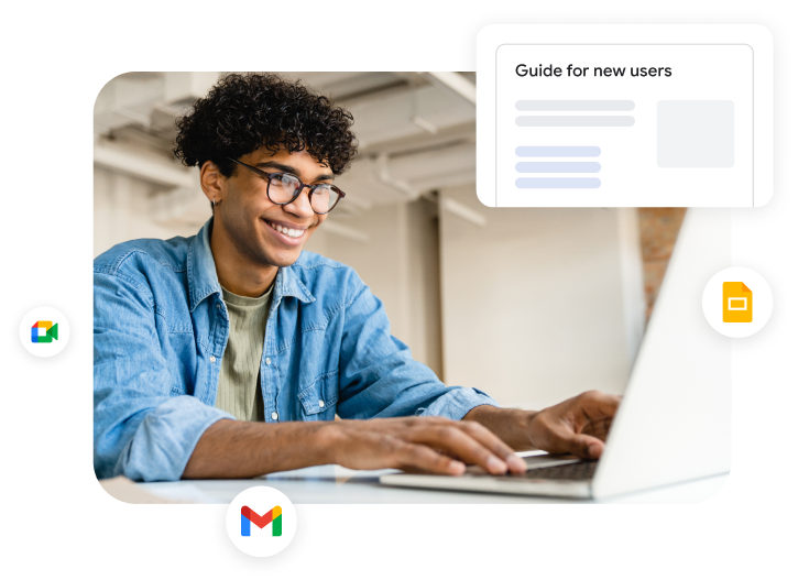 Um jovem profissional a ler guias digitais sobre como configurar o Google Meet, o Gmail e o Google Slides. 