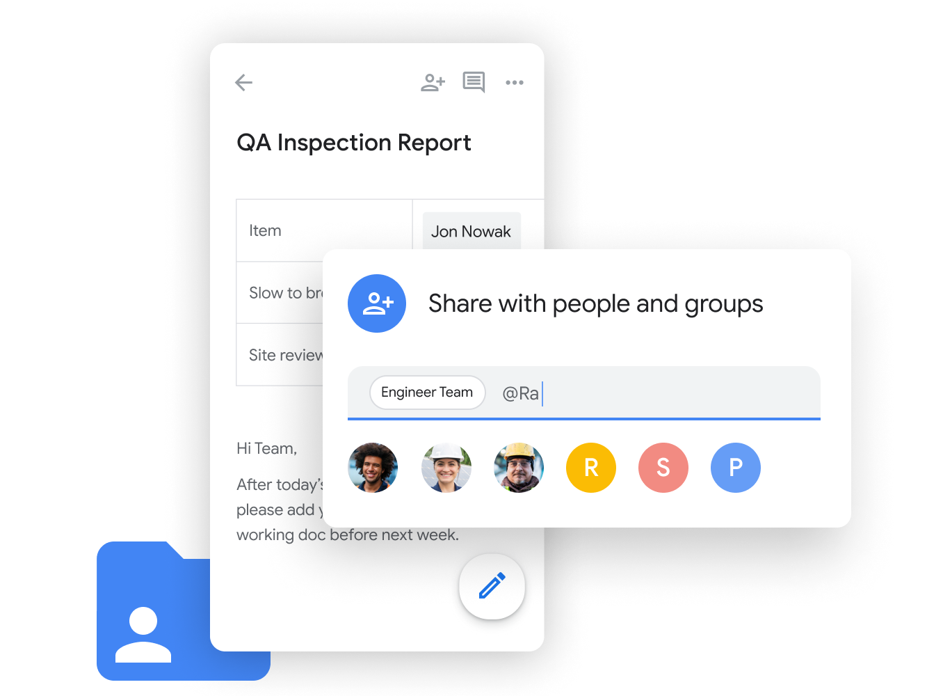 Grafik til illustration af Workspace – medlemmer af et team deler og redigerer Google-regneark problemfrit med Google Chat