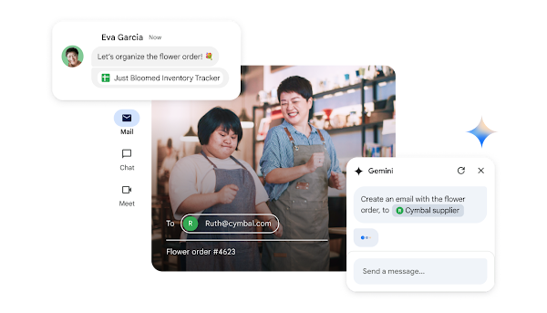 Duas funcionárias usam o Gemini para criar um email a partir de uma folha de cálculo de inventário para a empresa.