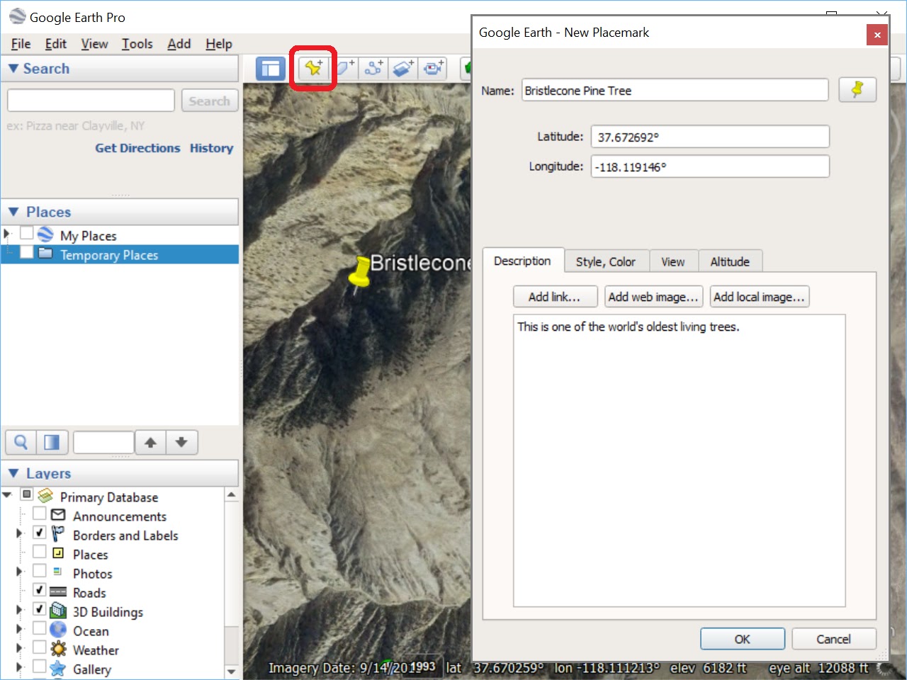 Google Earth Add Placemark dialog