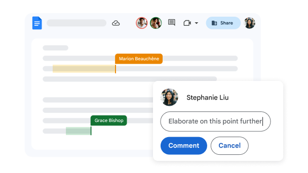 複数の投稿者とコメントを表示している Google ドキュメントの UI。