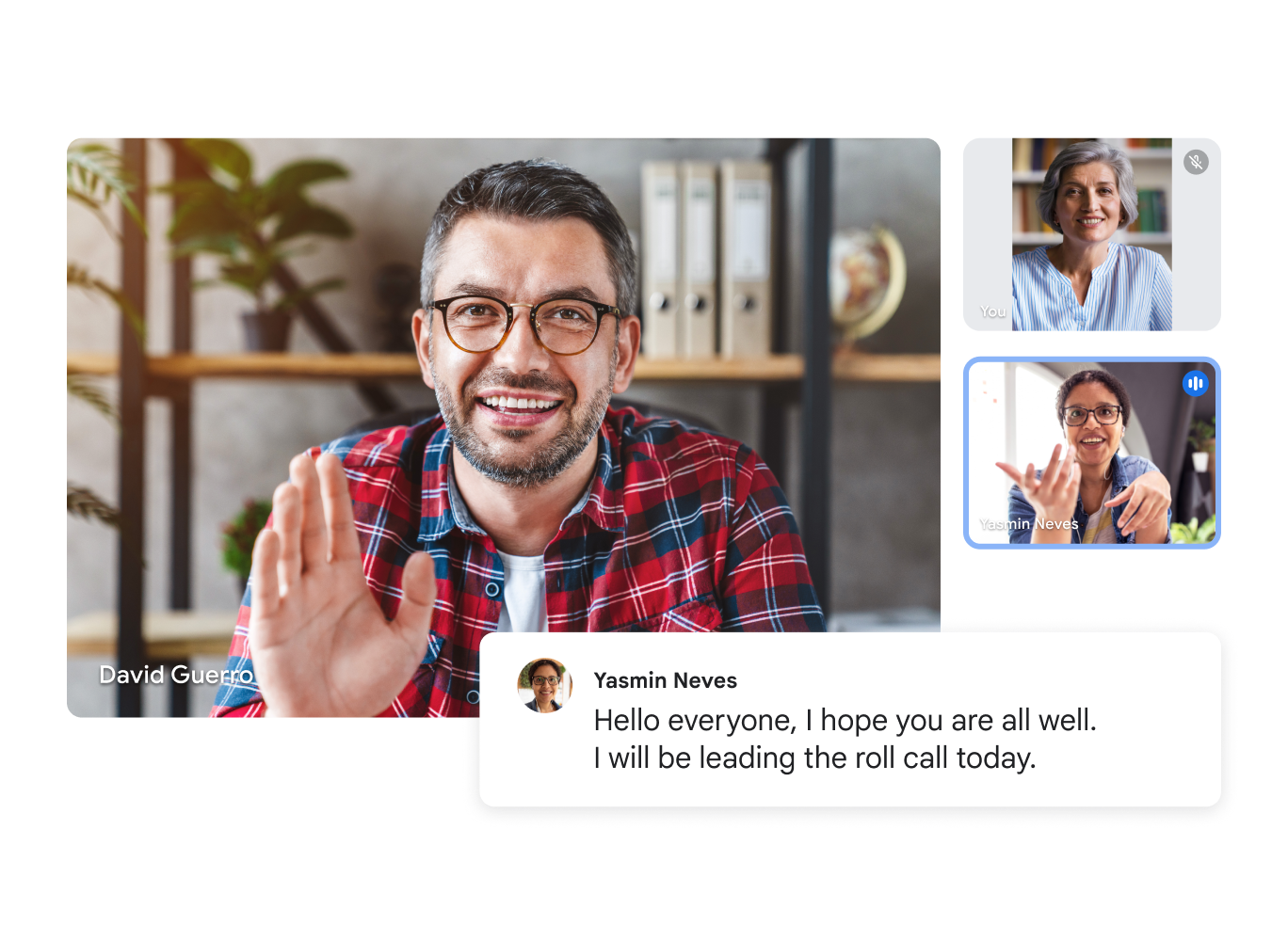 Відеодзвінок Google Meet із трьома учасниками й транскрипцією в реальному часі: "Вітаю! Сподіваюся, що у вас усе добре. Сьогодні я проведу перекличку." 