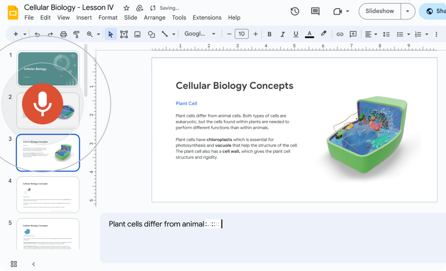 Google's dictation feature is being used to fill in the speaker notes of a Google Slides presentation.