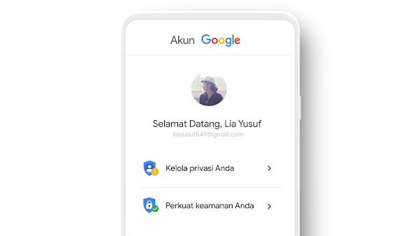 Tampilan antarmuka Akun Google, berisi foto profil seorang wanita, email, dan opsi untuk mengelola privasi dan keamanan akunnya