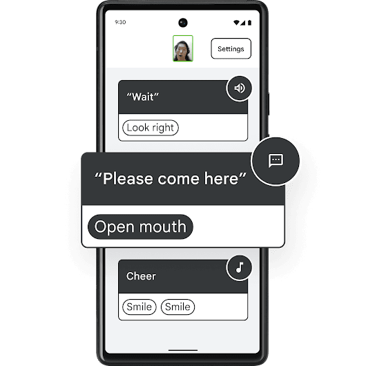 Ein Android-Display mit einem kleinen Foto einer Person oben in der Mitte. Darunter befinden sich drei Banner mit Optionen, die mit Gesichtsbewegungen aktiviert werden können. Die erste Option lautet „Warte“ und der Text darunter „Nach rechts schauen“. Die zweite lautet „Komm bitte her“ und der Text darunter „Mund öffnen“. Die letzte lautet „Jubeln“ und der Text darunter „Lächeln. Lächeln.“.
